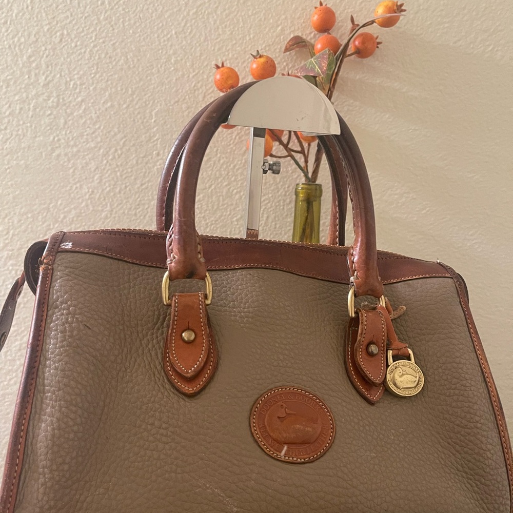 Dooney & Burke Taupe Leather Satchel w/ Cognac Handles & logo charm w/feet